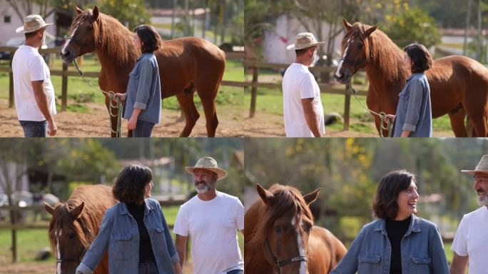 父亲和女儿在牧场上牵着马聊天和散步
