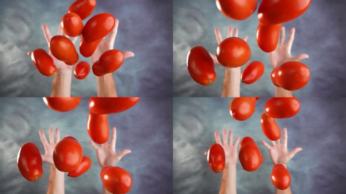 双手用慢动作扔西红柿