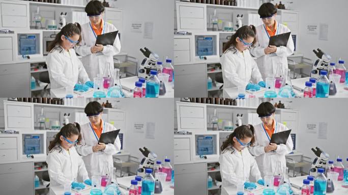 两位带着安全眼镜的充满激情的科学家搭档，全神贯注于一项激动人心的实验，在熙攘的实验室里疯狂地记笔记，