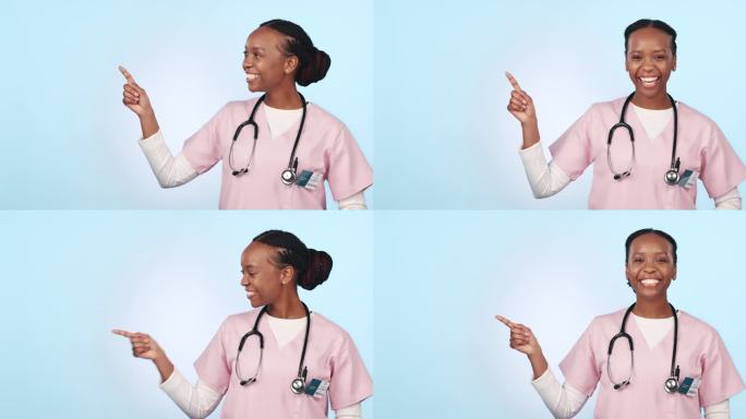 快乐的黑人女性，医生，在广告或市场营销方面指手画脚。非洲女性的肖像，保健或医疗护士微笑显示交易或清单