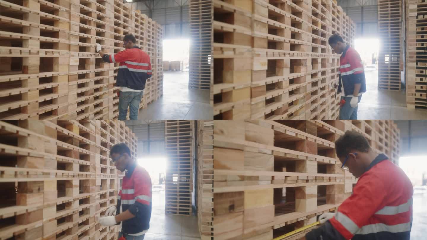非洲工匠在工业车间检查木材。