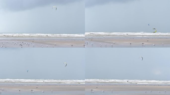风筝冲浪者在狂野的大海，极限水上运动，跟踪拍摄