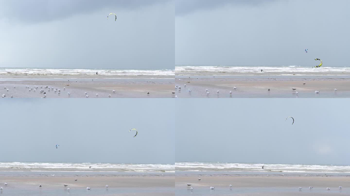 风筝冲浪者在狂野的大海，极限水上运动，跟踪拍摄
