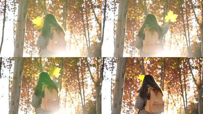 年轻女子走在秋天的树林里