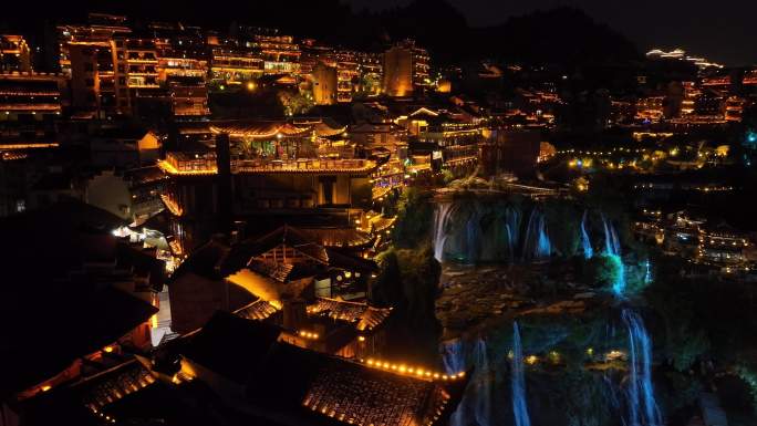 航拍湖南湘西芙蓉古镇瀑布苗寨吊脚楼夜景