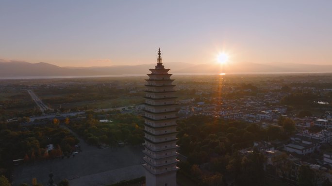 5K-航拍清晨大理崇圣寺三塔，崇圣寺日出