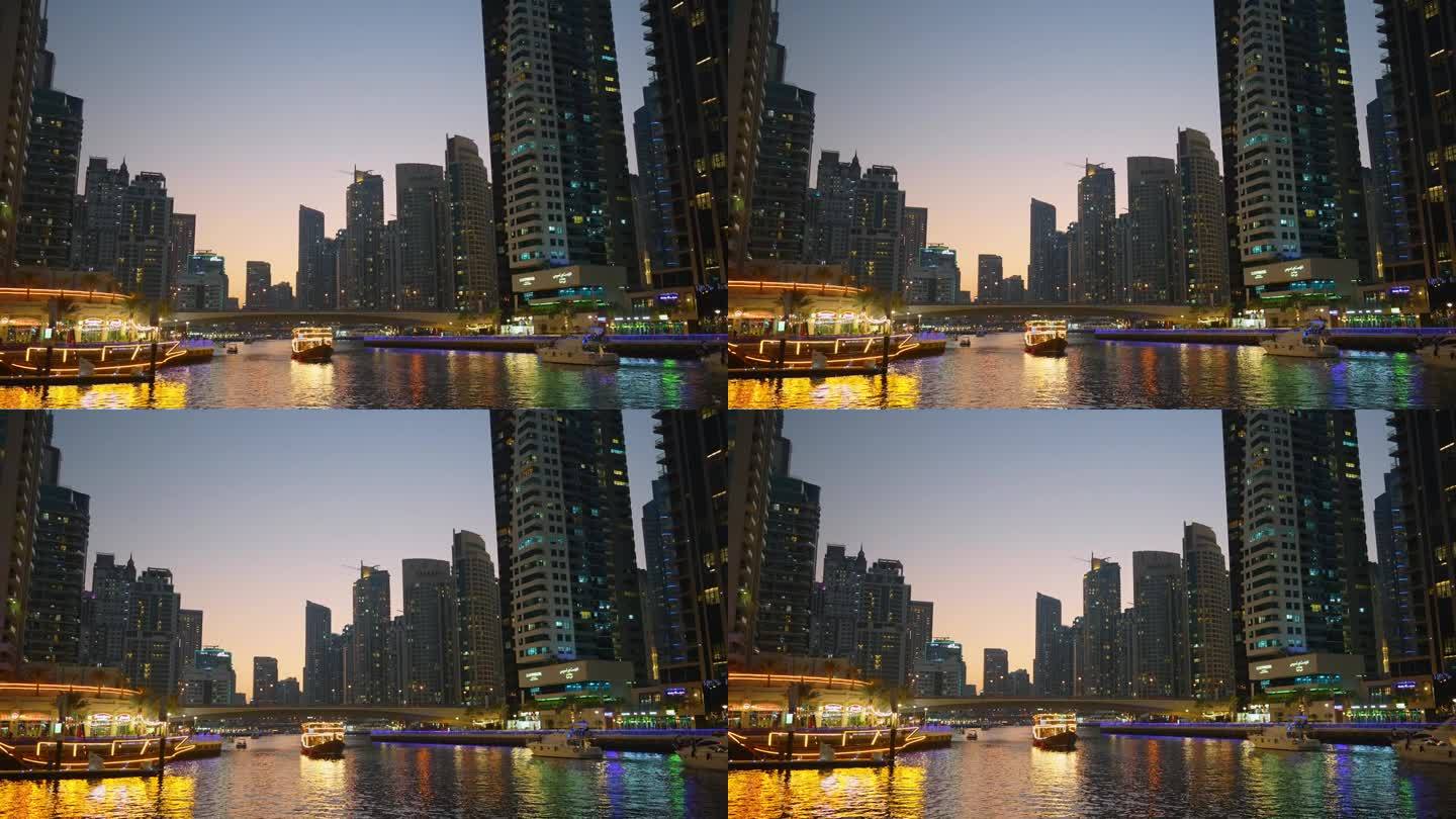夜晚照亮的迪拜码头