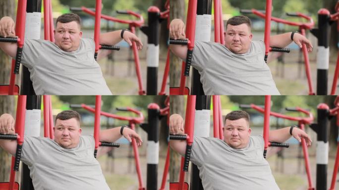 疲惫、肥胖、超重的男子在公园运动后休息。肥胖人群与运动