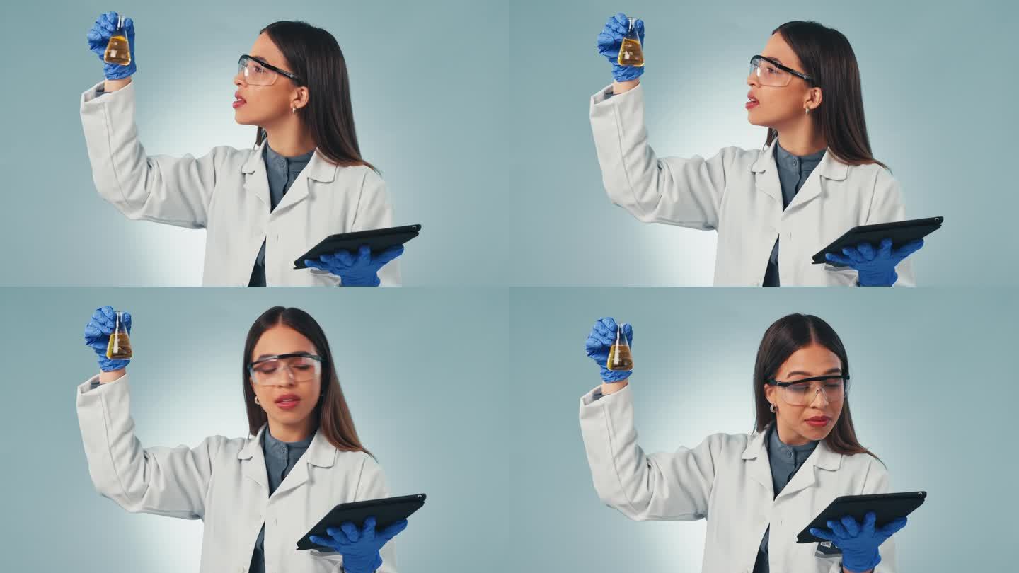 医生，药片和反应与一个科学女性在灰色背景下的研究或创新工作室。医学、技术和化学生物学与一位年轻的科学