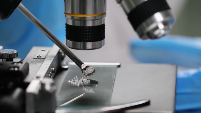 专家在显微镜下检查结晶颗粒