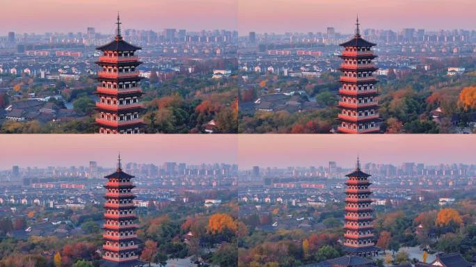 航拍扬州瘦西湖风景区大明寺日出清晨