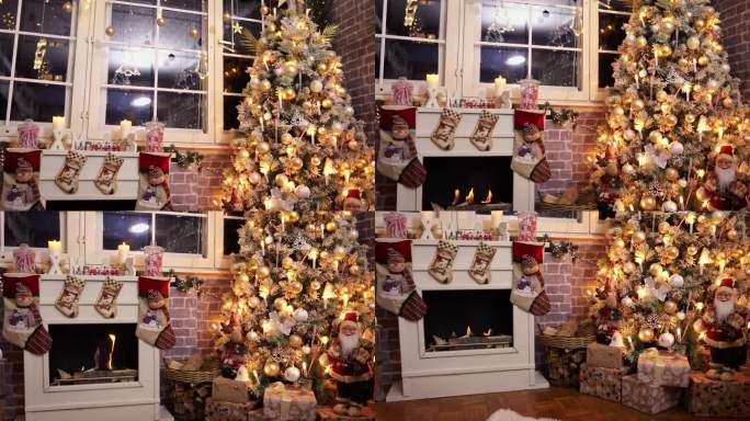 装饰客厅与圣诞树附近的壁炉