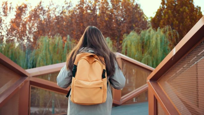 背着背包的年轻女子走在桥上