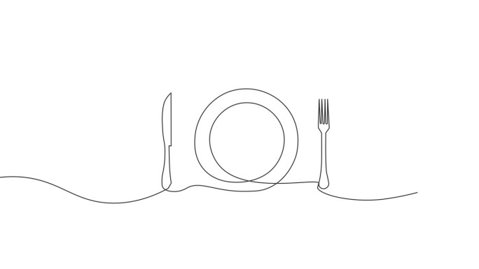 连续线条绘制盘子与餐具(叉和刀动画在白色背景。创意简单的想法