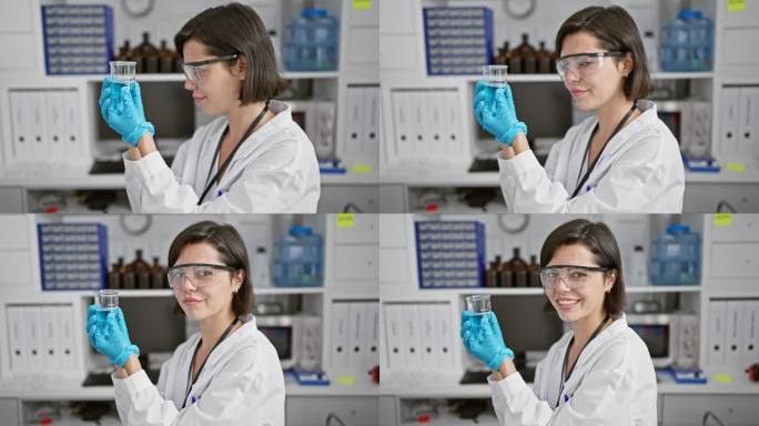 自信和美丽的年轻西班牙女科学家，微笑着拿着试管，在繁华的实验室环境中努力工作，沐浴在她的辐射实验的光