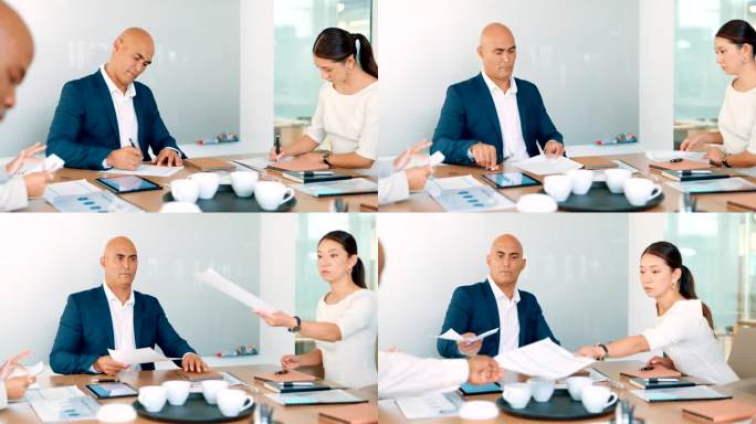 商务人士在办公室开会时签署文件。不同的同事撰写投资，索赔和协议的报告，文件和表格，然后交给管理层