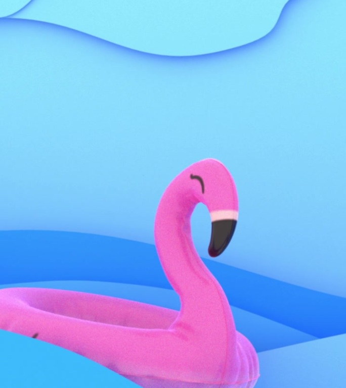 粉红色的火烈鸟在海里，充气玩具，卡通风格