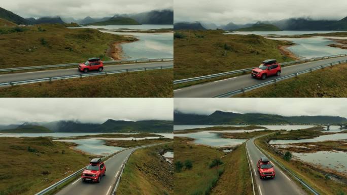 红色SUV在美丽的斯堪的纳维亚风景中行驶的鸟瞰图