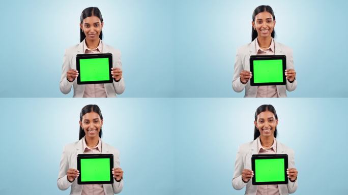 商业女性，绿色屏幕和平板电脑的广告空间，在工作室注册提供和模拟通讯。印度工人的肖像显示蓝色背景的数字