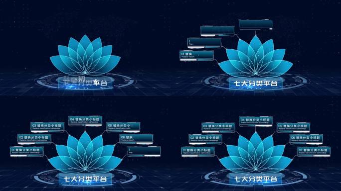 【无插件】4K蓝色科技架构分类花瓣7大