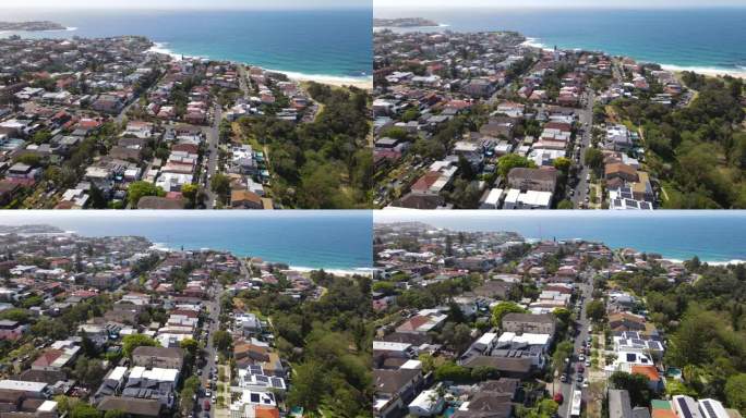 在新南威尔士州，勃朗特和塔玛拉玛的海滨郊区，无人机俯视房屋和街道，向东悉尼的海滩望去