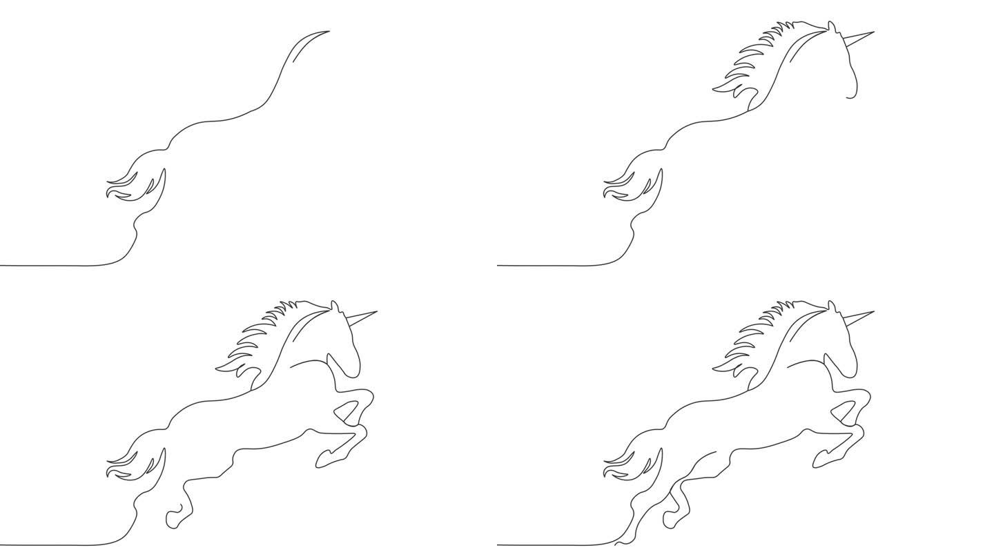 连续线条绘制独角兽马跳跃单线动画。