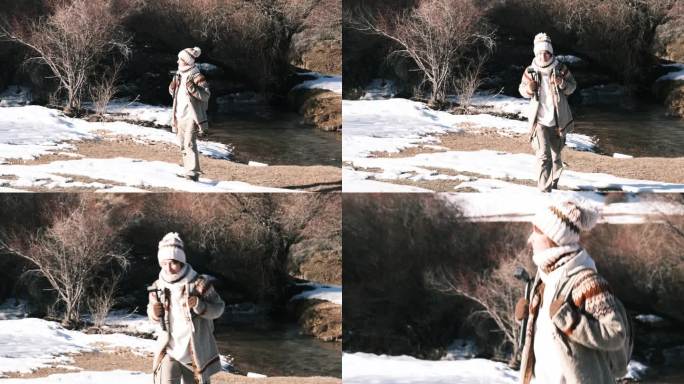 成熟的女游客走在冬山河畔