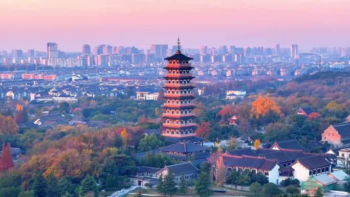 航拍扬州瘦西湖风景区大明寺日出清晨