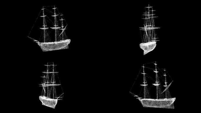 3D帆船船旋转黑色bg。历史海事概念。商业广告背景。用于标题，文本，演示。3d动画60 FPS。