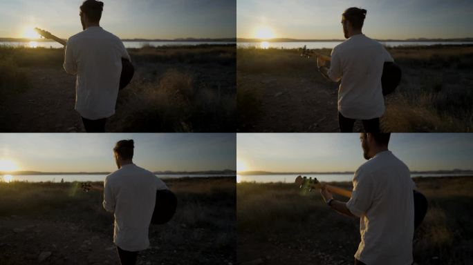 一个人拿着吉他，走向湖边去看风景如画的日落