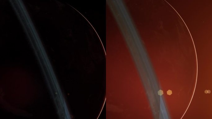 近距离拍摄的红色贫瘠的类火星行星，在恒星阳光的映衬下带着光环