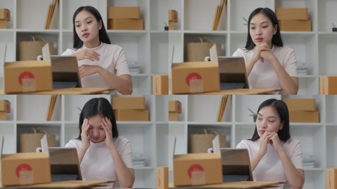 忧心忡忡的年轻亚洲女小企业主在平板电脑上查看她的在线业务结果，脸上带着担忧的表情