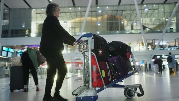 一个成熟的女人推着她的行李穿过机场