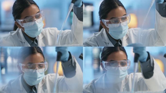 口罩，科学家和妇女与医学调查，研究和实验室工作的科学专家。女性专业，病毒分析和疾病控制，从事医疗保健