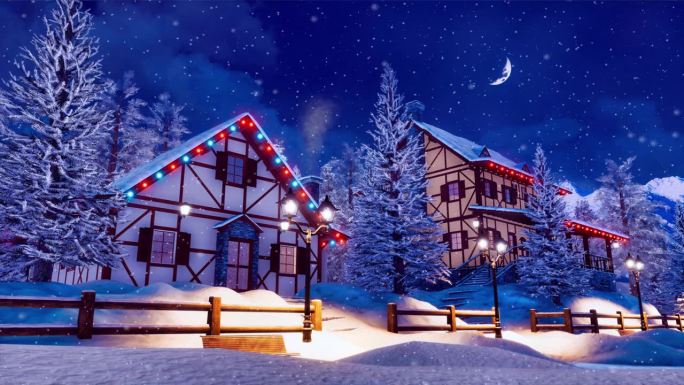 在下雪的圣诞夜，山村灯火通明