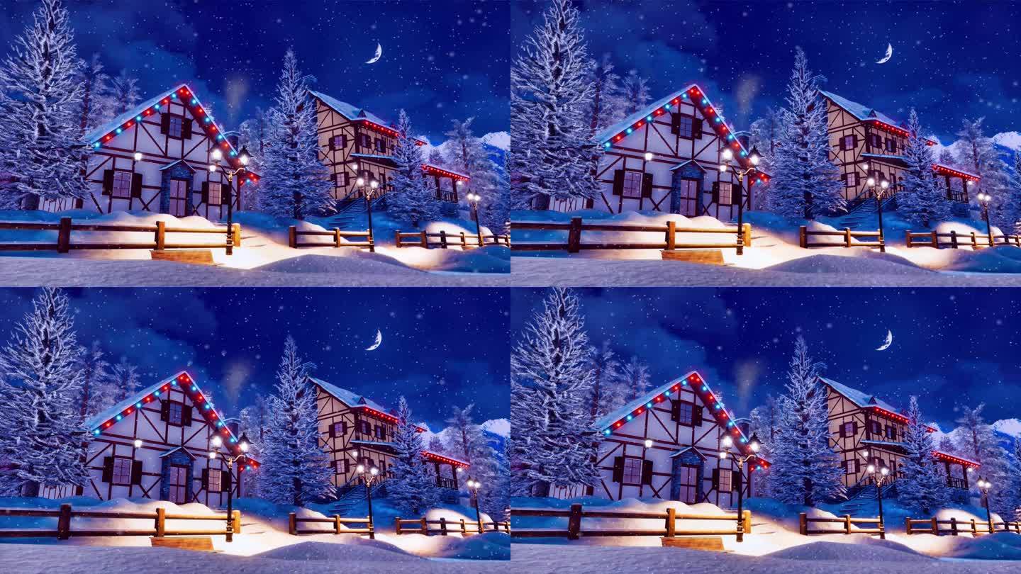 在下雪的圣诞夜，山村灯火通明