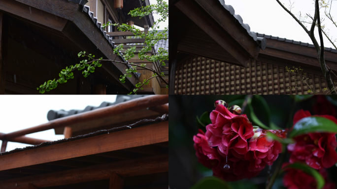 古风建筑屋檐落雨空镜