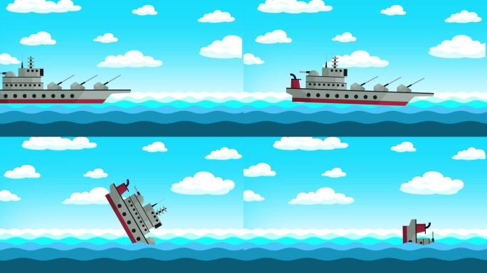 游船在海上溺水或沉没。旅游沉船大船。卡通动画