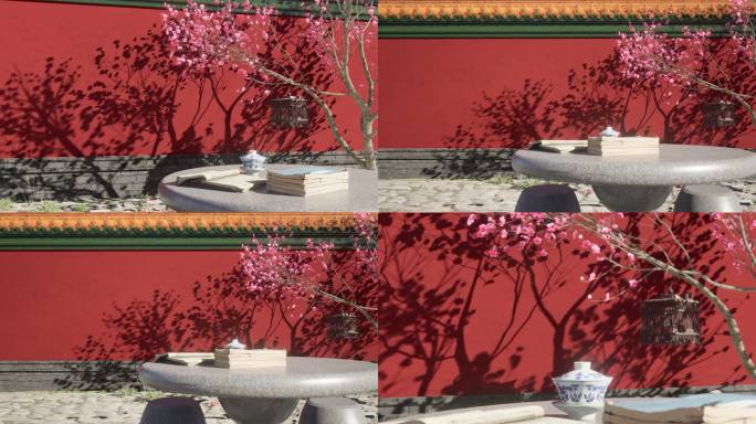4K红墙树影石桌中国风