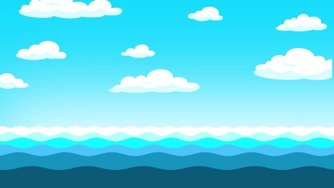 蓝色的海和海的地平线海景观看卡通动画的云和海浪。没有人