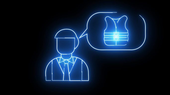 一个人的动画素描和一件救生衣的素描，上面有发光的霓虹军刀效果
