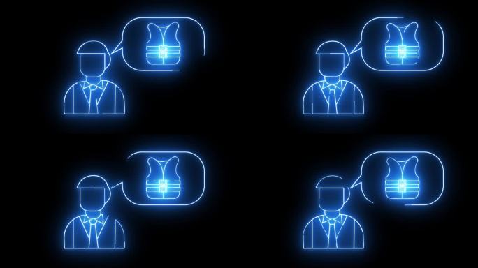一个人的动画素描和一件救生衣的素描，上面有发光的霓虹军刀效果