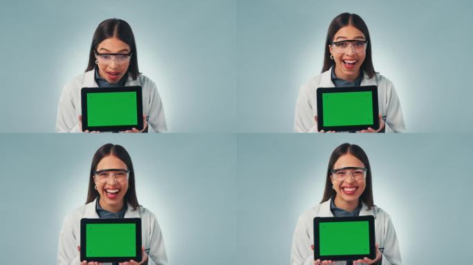 女性，研究员，平板电脑绿色屏幕，戴着技术安全眼镜，蓝色工作室背景和数字创新。在线，广告和兴奋的模型，