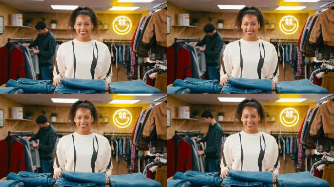 在流行时尚或服装店里，微笑的女售货员整理牛仔裤的照片