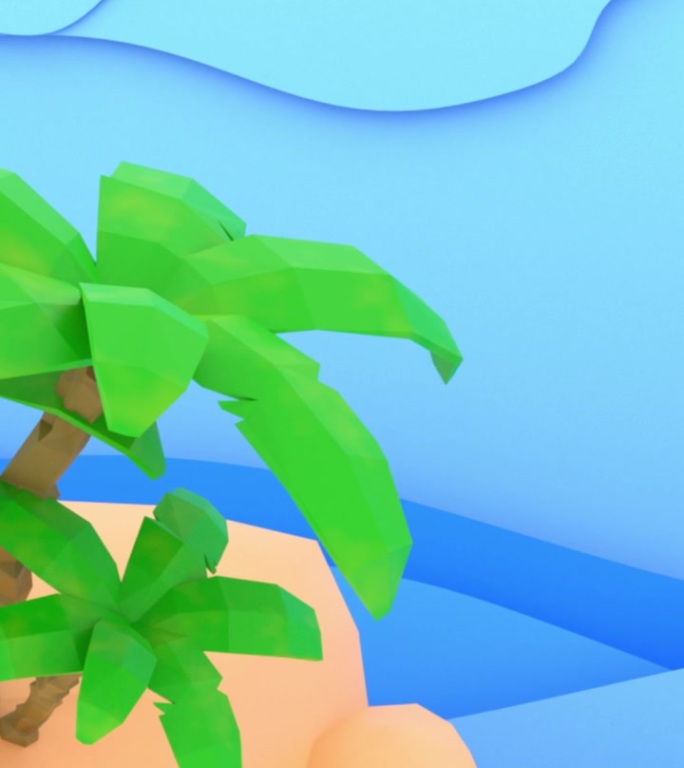 沙岛上有棕榈树，靠海，卡通风格