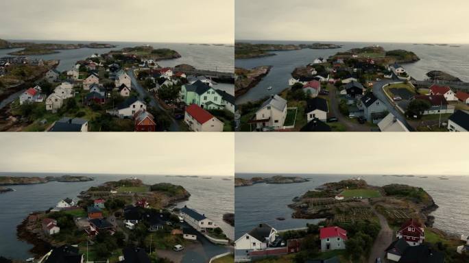 北欧岛屿上一个渔村的住宅和rorbu房屋。从上面看。