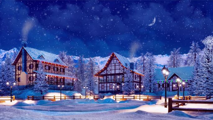 在下雪的冬夜为圣诞节装饰的山城