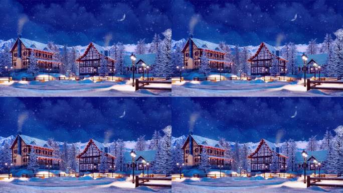 在下雪的冬夜为圣诞节装饰的山城