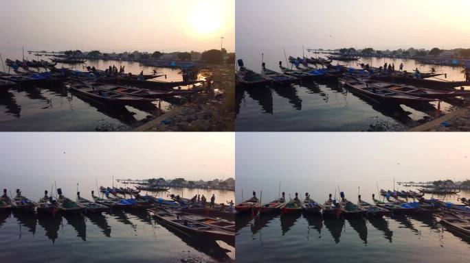 传统渔船在港内排成一排停泊