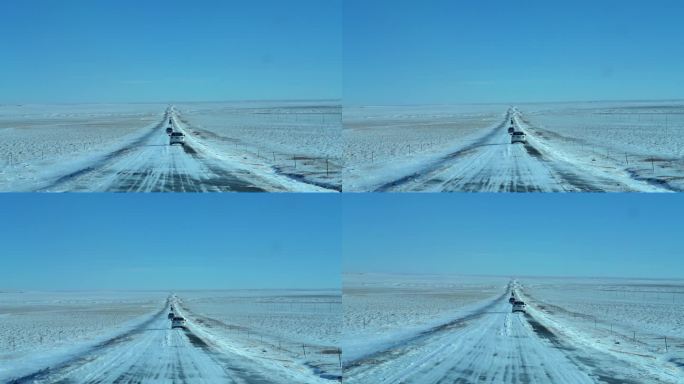 冬天草原大雪白茫茫和结冰路面的汽车